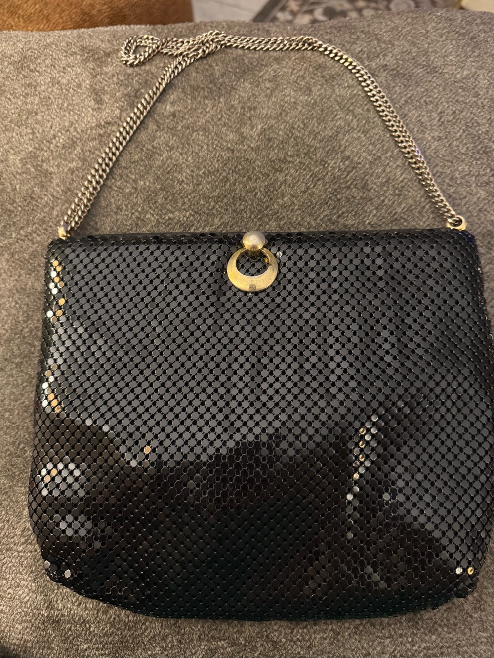 Whiting & Davis Black Sequined Shoulder Bag with Gold Accent